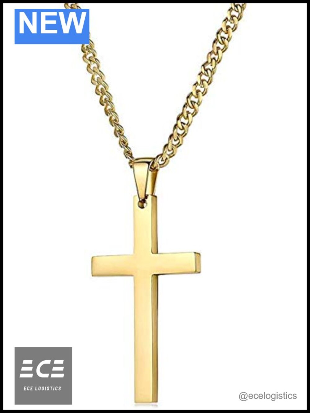 14K Gold Plated Cuban Link Chain Big Cross Flat Pendant Necklace Lobster Clasp
